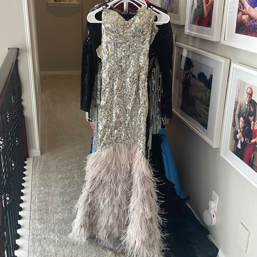 Bebe Gold brand sequin feather gown